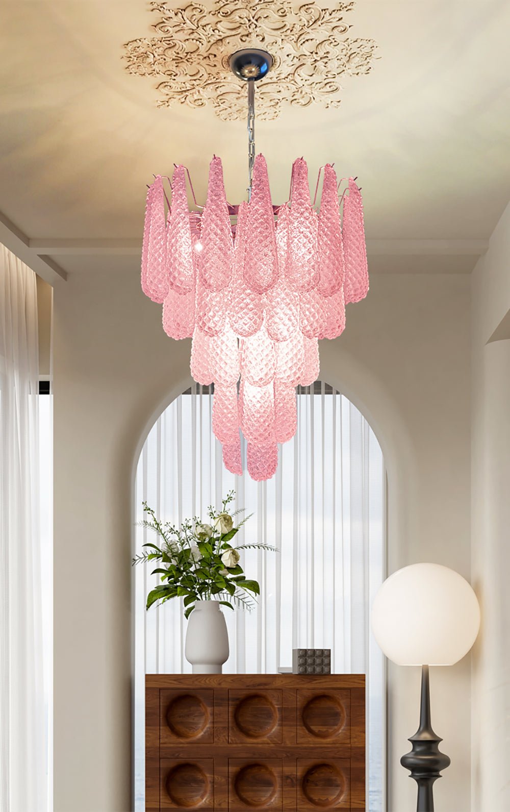 Veliena lampadario Gocce Rosa vetro Murano Motivo Diamante Cascata
