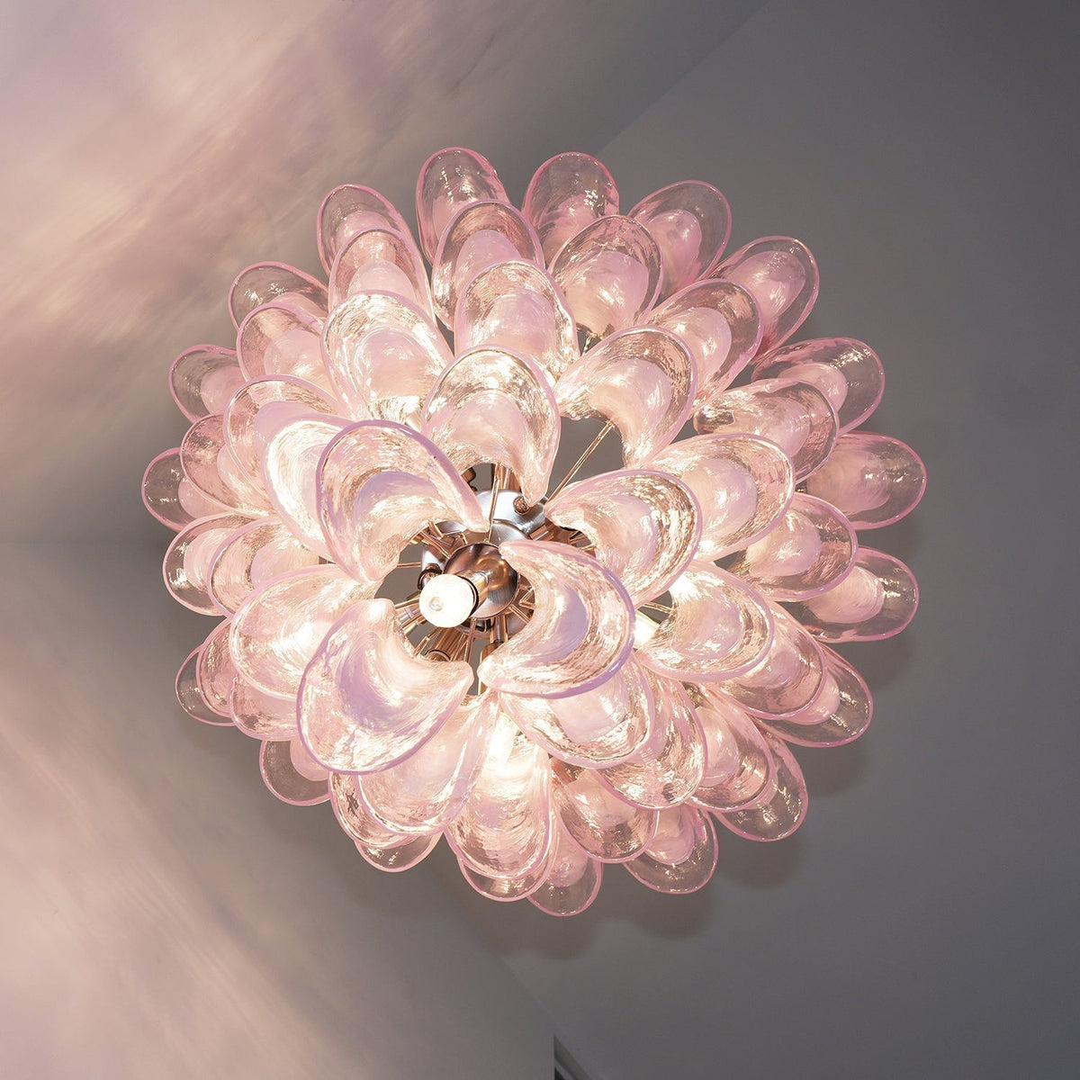 Velorira lampadario Rosa vetro Murano petali a Cascata Stratificati