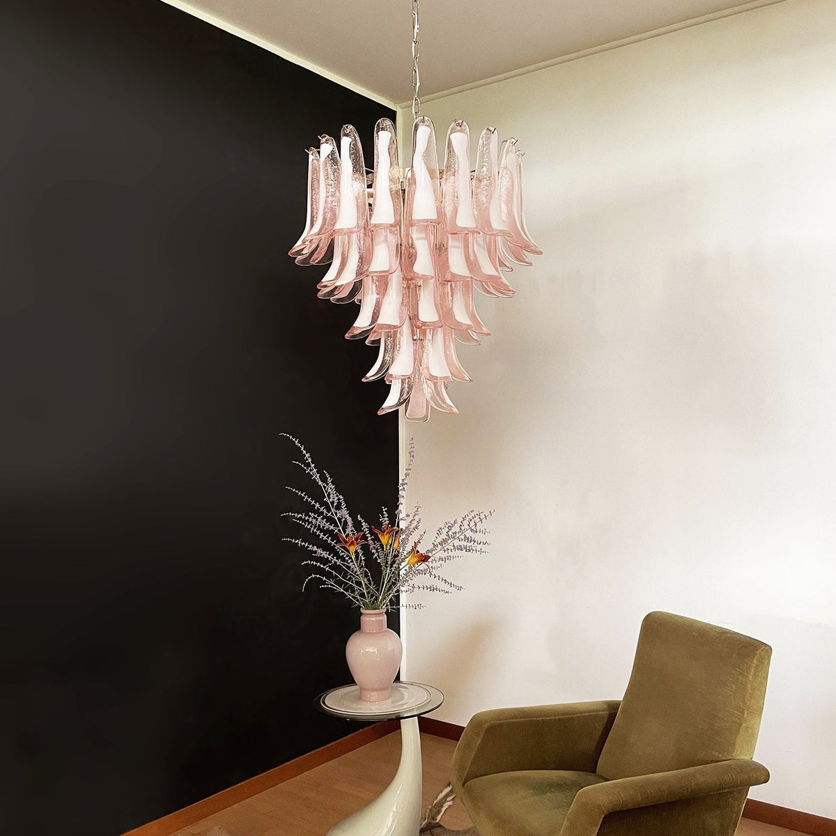 Velorira lampadario Rosa vetro Murano petali a Cascata Stratificati