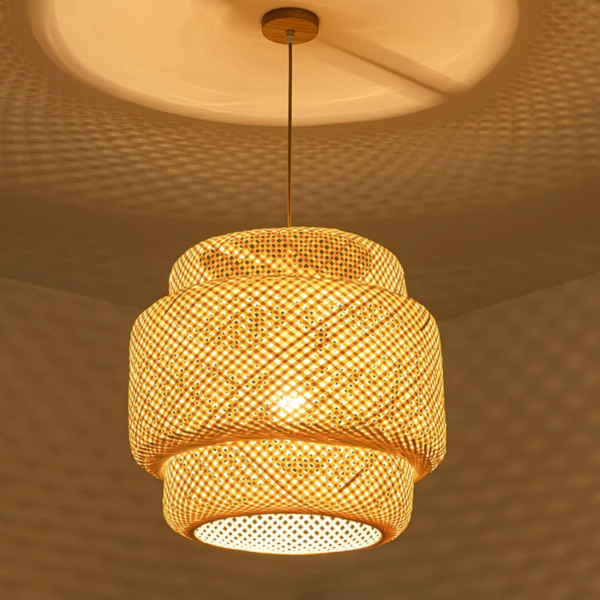 Lampada a sospensione Bambù naturale intrecciato, design a due strati