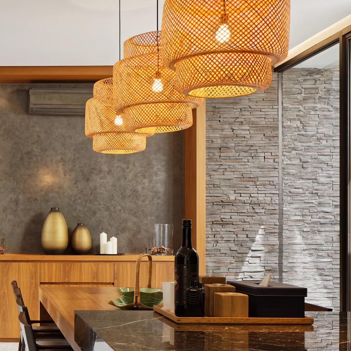 Lampada a sospensione Bambù naturale intrecciato, design a due strati