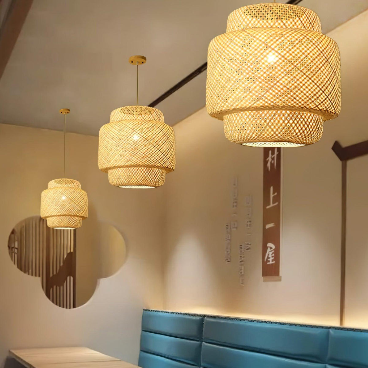 Lampada a sospensione Bambù naturale intrecciato, design a due strati
