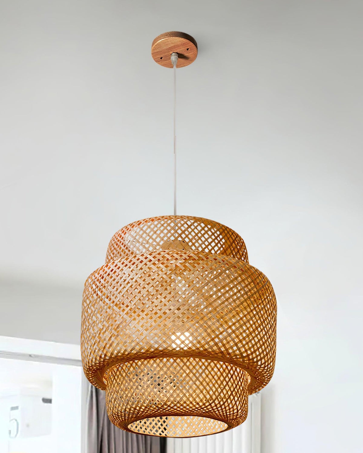 Lampada a sospensione Bambù naturale intrecciato, design a due strati