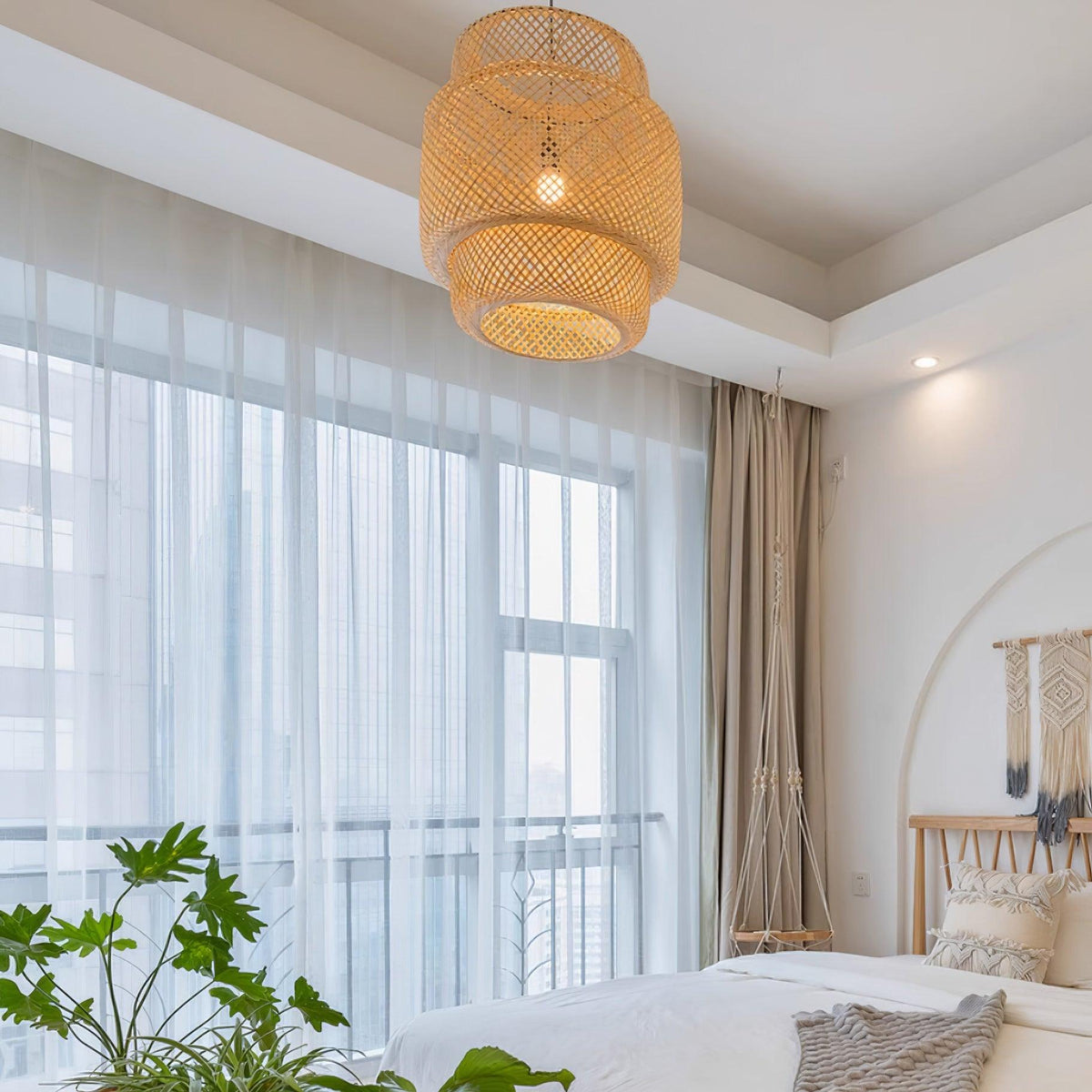 Lampada a sospensione Bambù naturale intrecciato, design a due strati