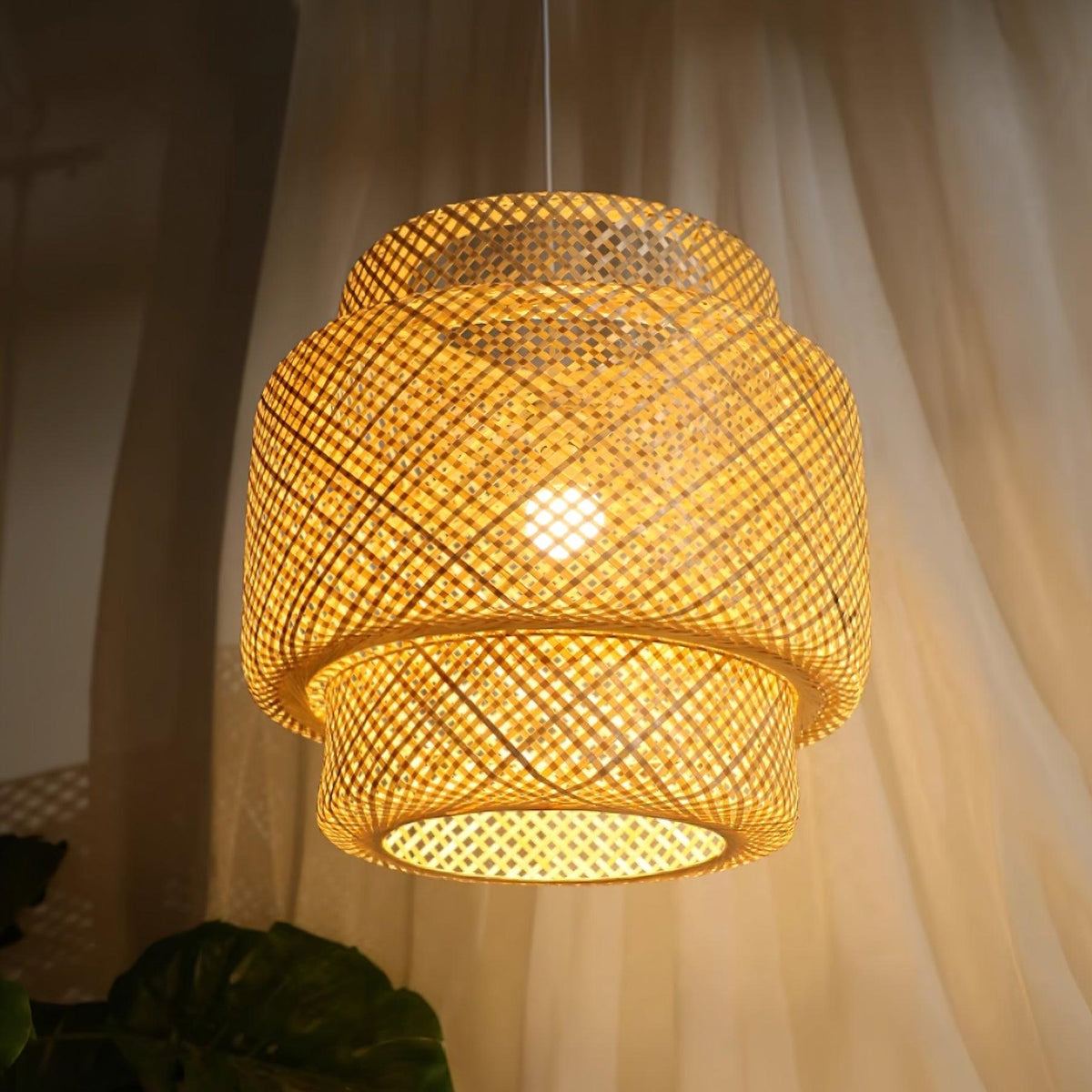 Lampada a sospensione Bambù naturale intrecciato, design a due strati