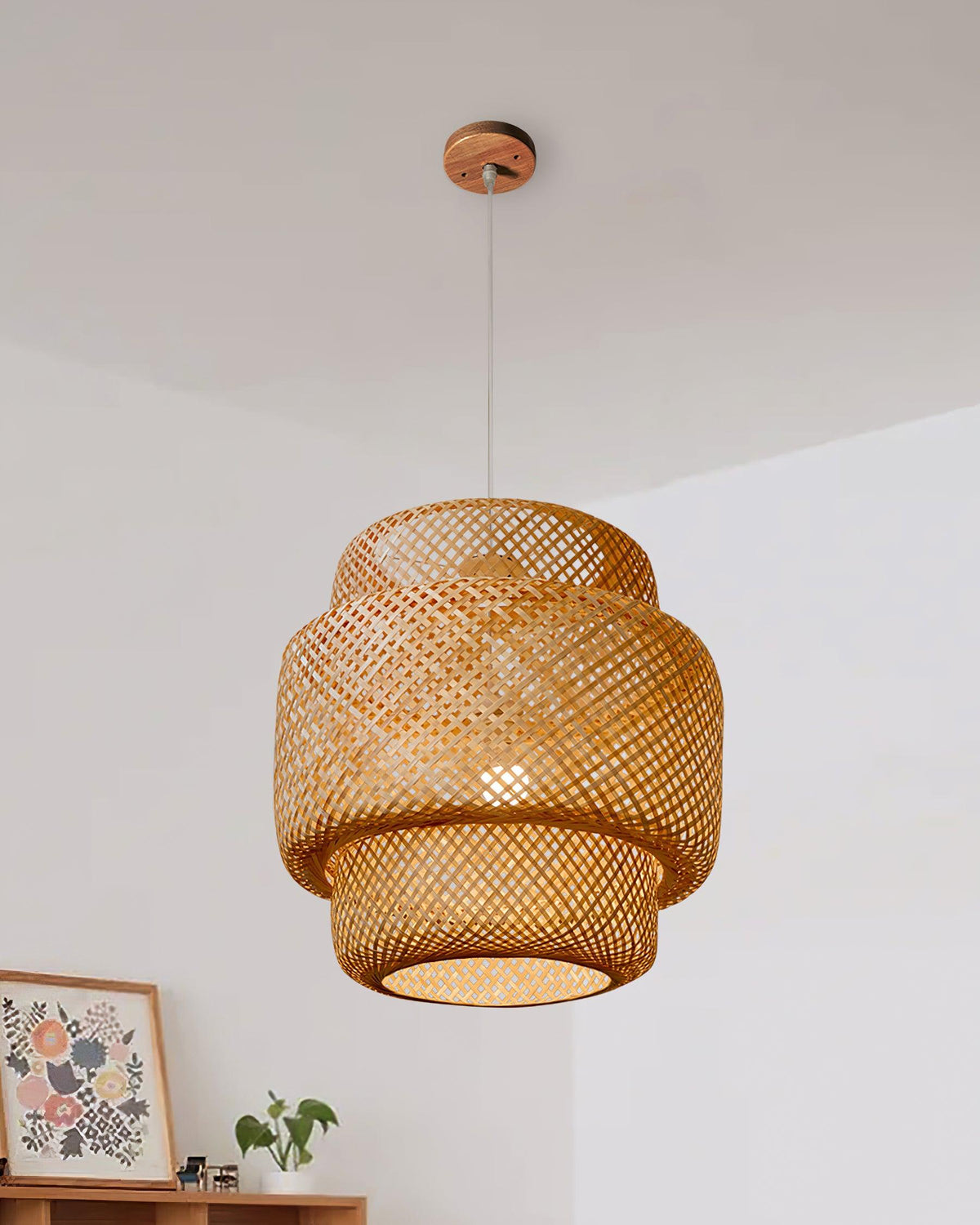 Lampada a sospensione Bambù naturale intrecciato, design a due strati