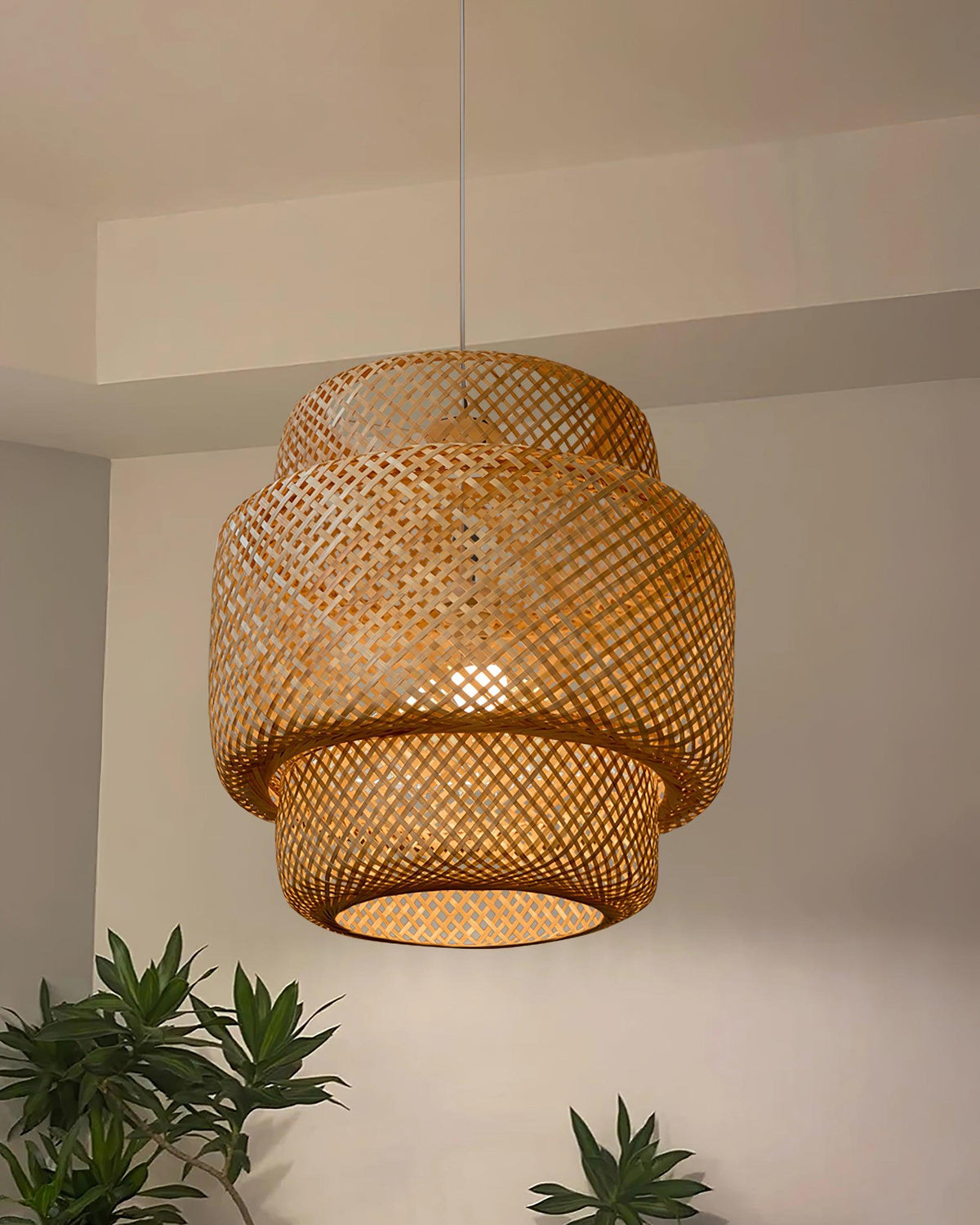 Lampada a sospensione Bambù naturale intrecciato, design a due strati