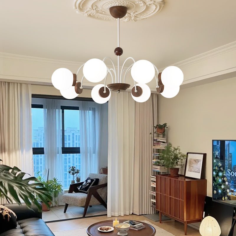 Rinuaine lampadario in legno e vetro con Bracci Curvi Contemporanei