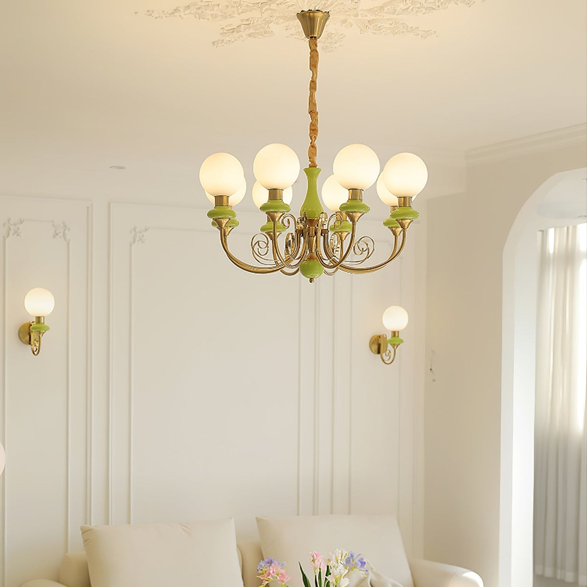 Aurorian lampadario Verde Paralumi Bracci Curvi Oro