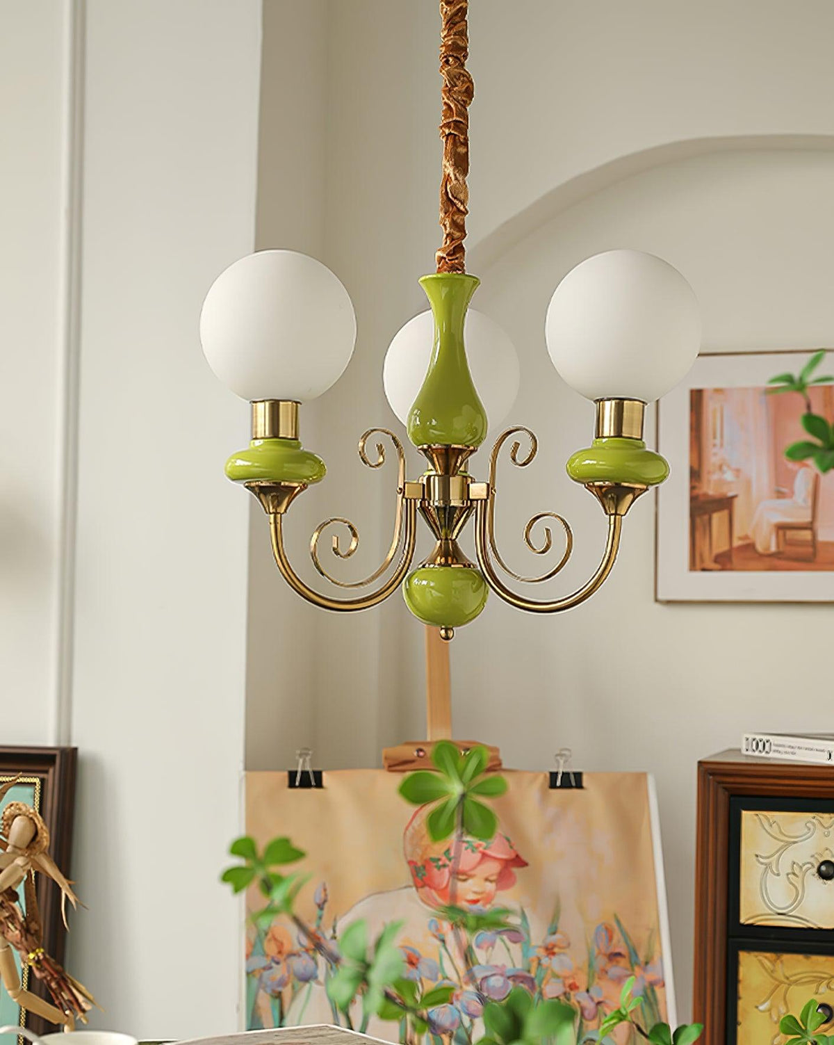 Aurorian lampadario Verde Paralumi Bracci Curvi Oro