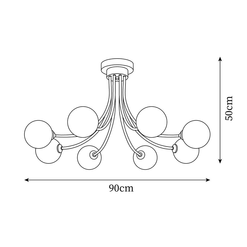 Lampada da soffitto bracci ramificati in ottone, paralumi sfera opalina, design moderno ed elegante