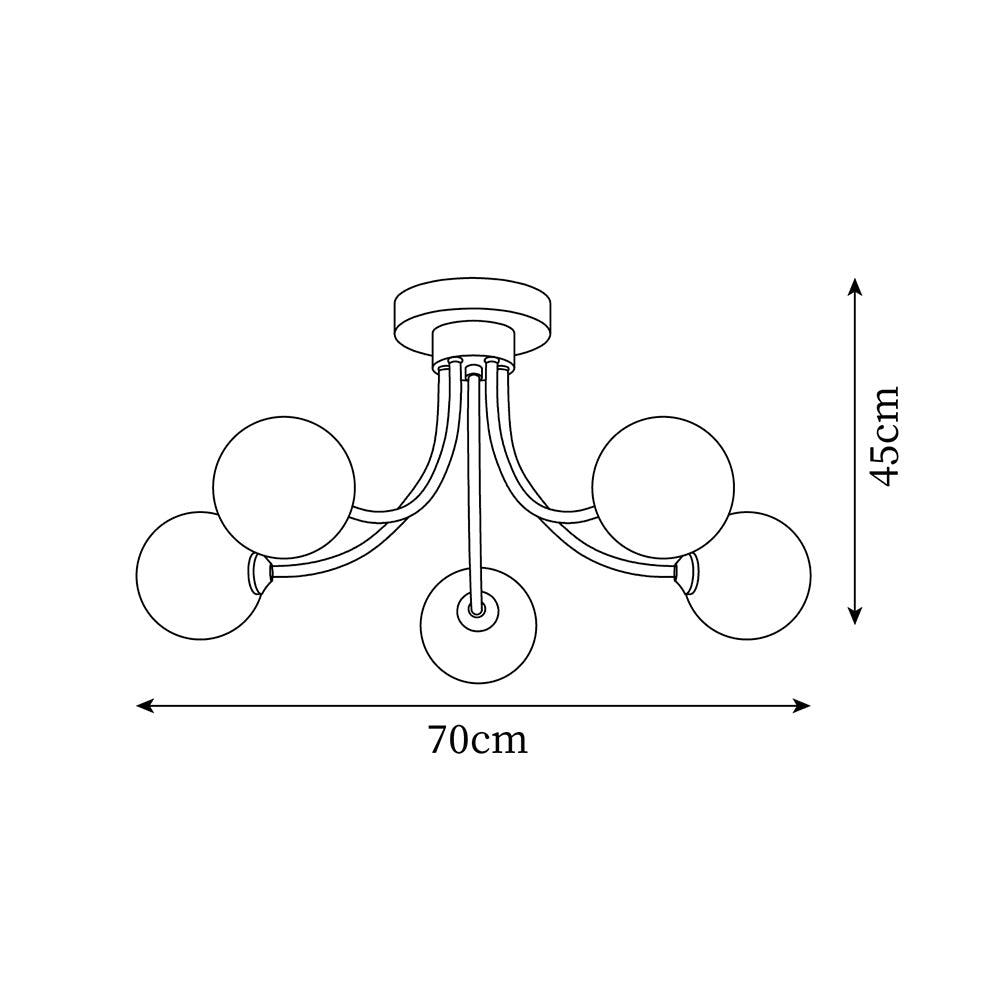 Lampada da soffitto bracci ramificati in ottone, paralumi sfera opalina, design moderno ed elegante