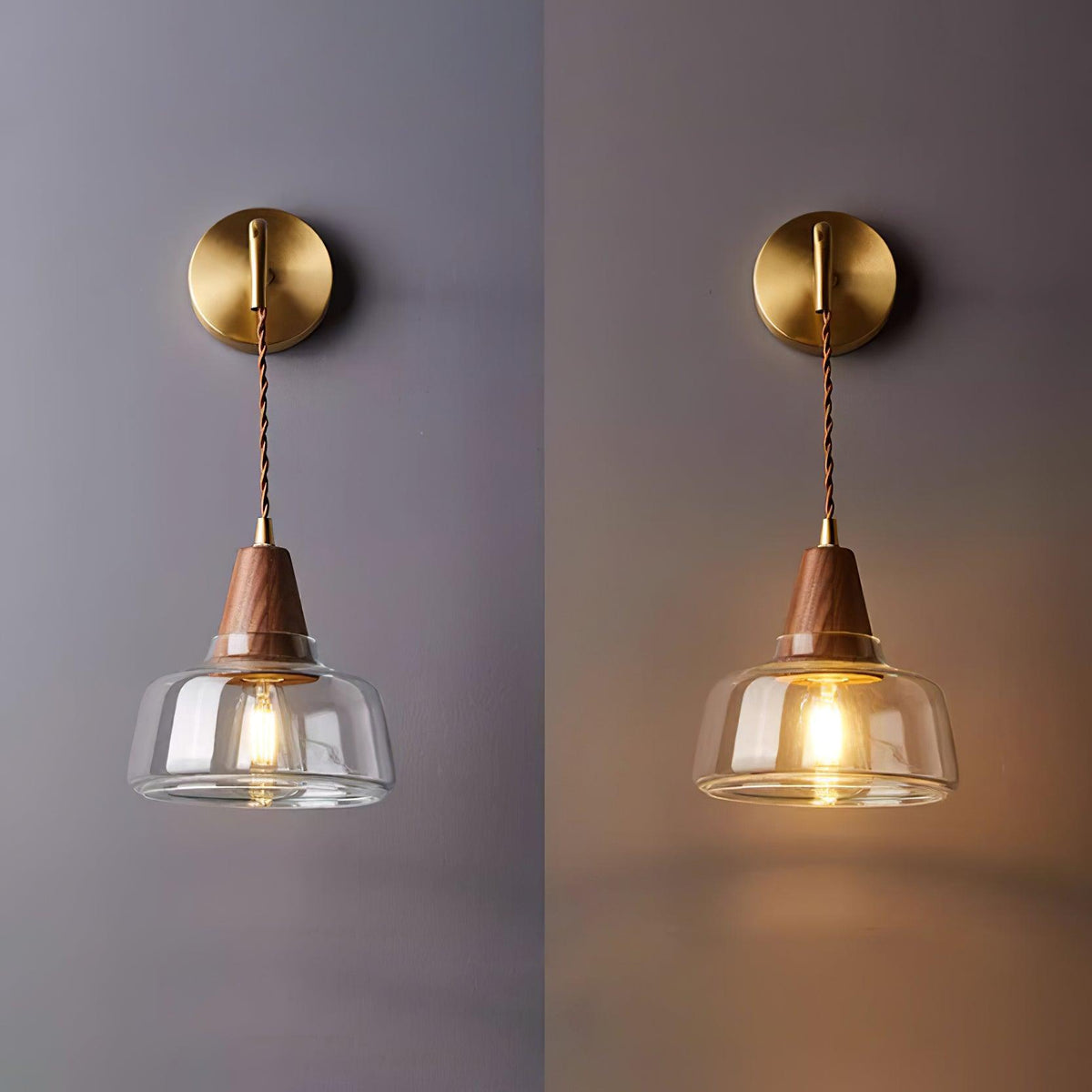 Lampada da parete con paralume in vetro ambrato, accento a cono in noce e luce soffusa moderna