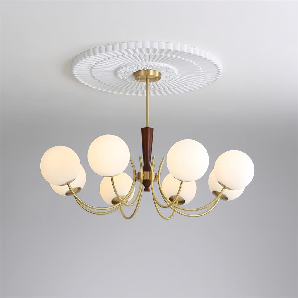 Veslo lampadario in ottone e legno con Paralume Sferico