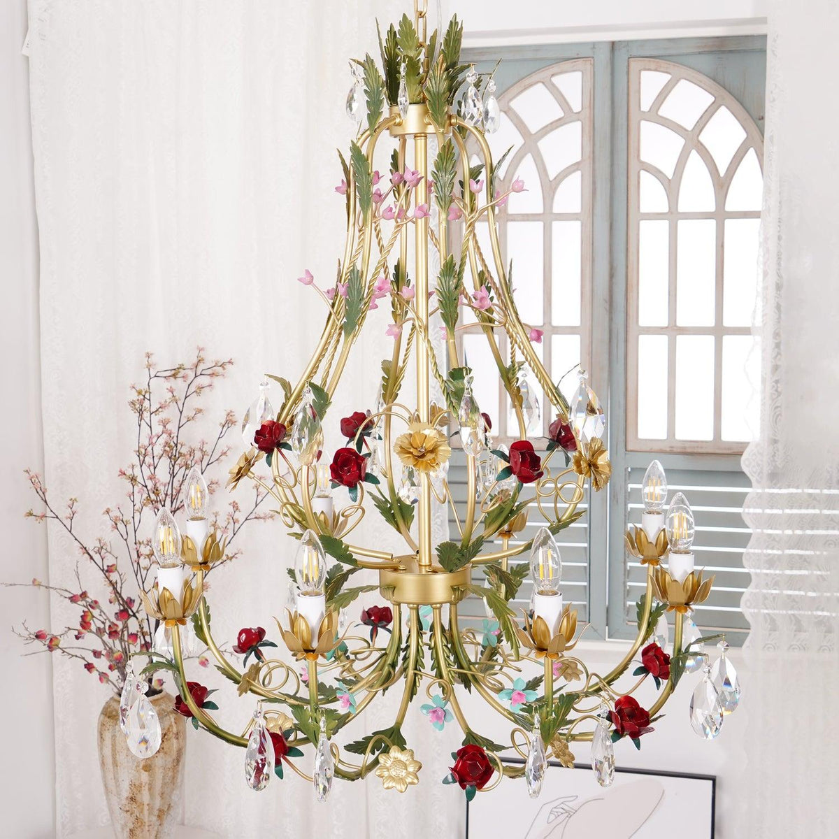 Selarella lampadario ottone Rosa fiori Cristallo Candela