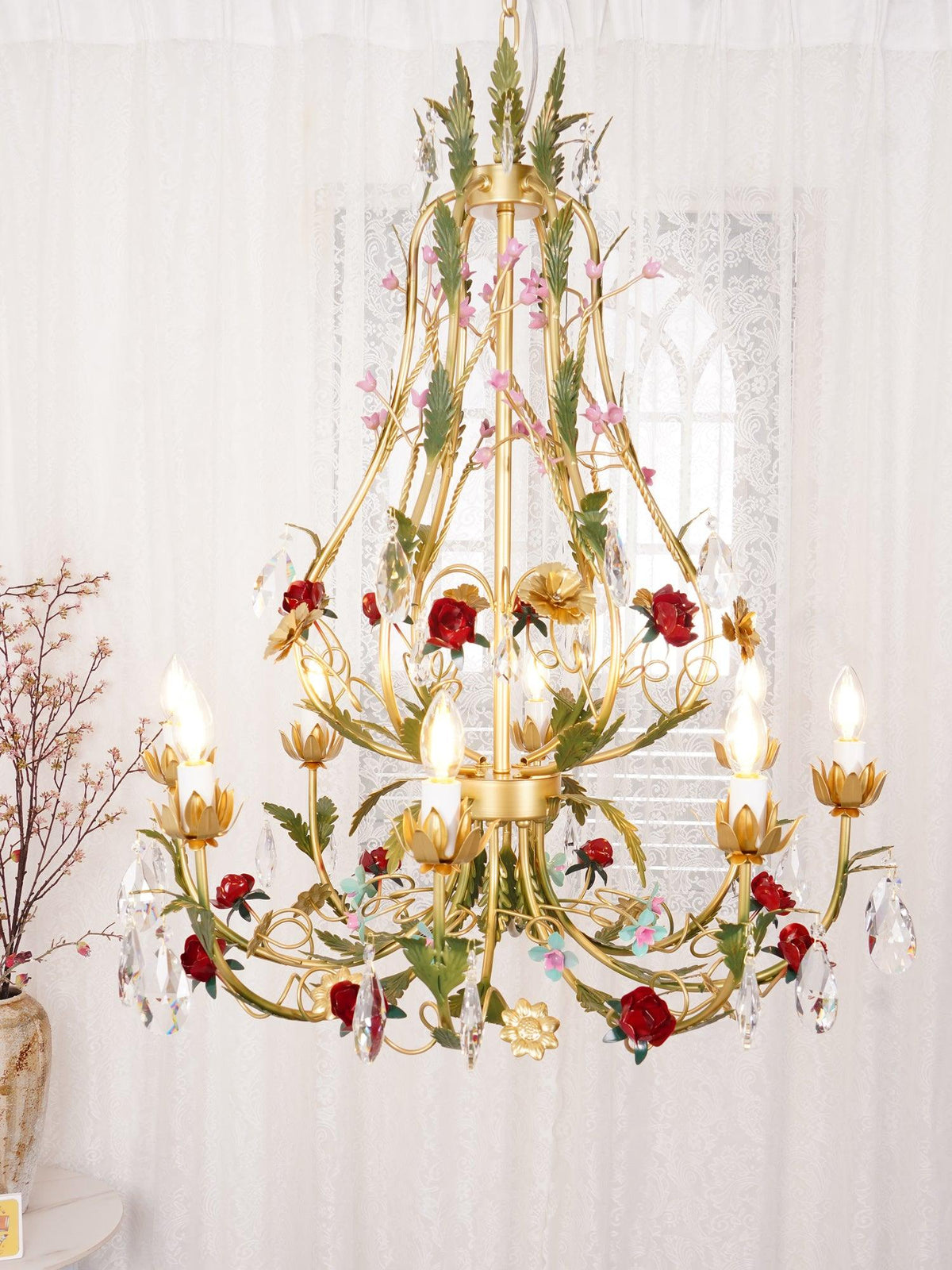 Selarella lampadario ottone Rosa fiori Cristallo Candela