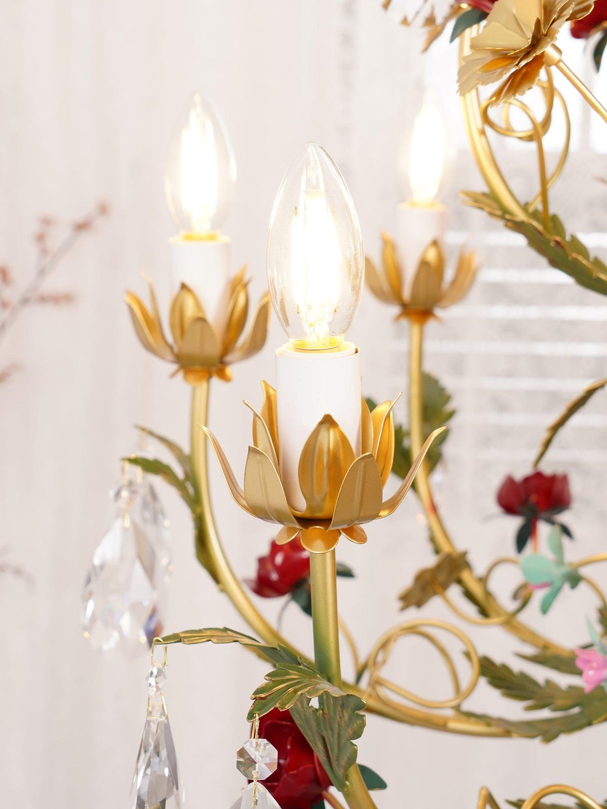 Selarella lampadario ottone Rosa fiori Cristallo Candela