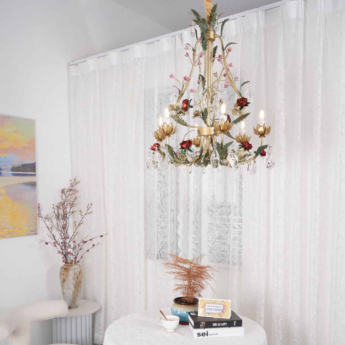 Selarella lampadario ottone Rosa fiori Cristallo Candela