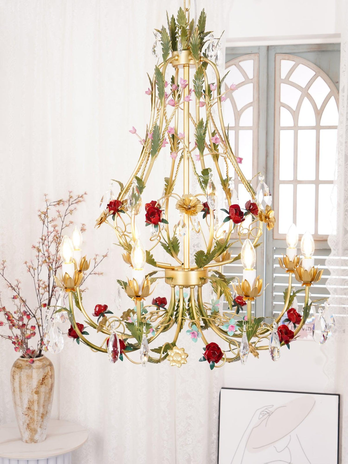Selarella lampadario ottone Rosa fiori Cristallo Candela