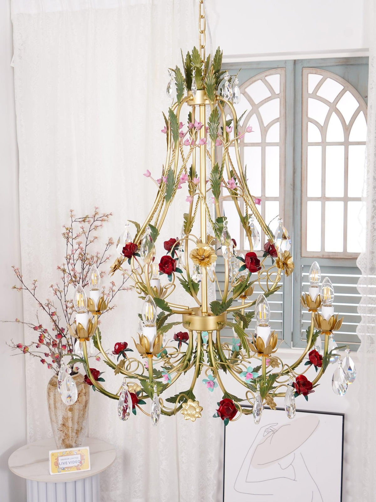 Selarella lampadario ottone Rosa fiori Cristallo Candela