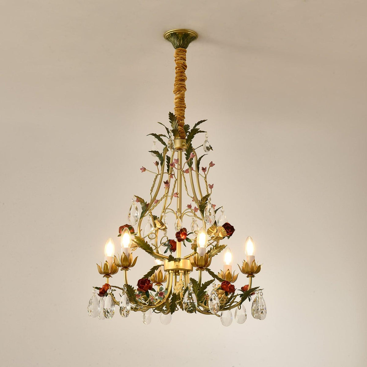 Selarella lampadario ottone Rosa fiori Cristallo Candela