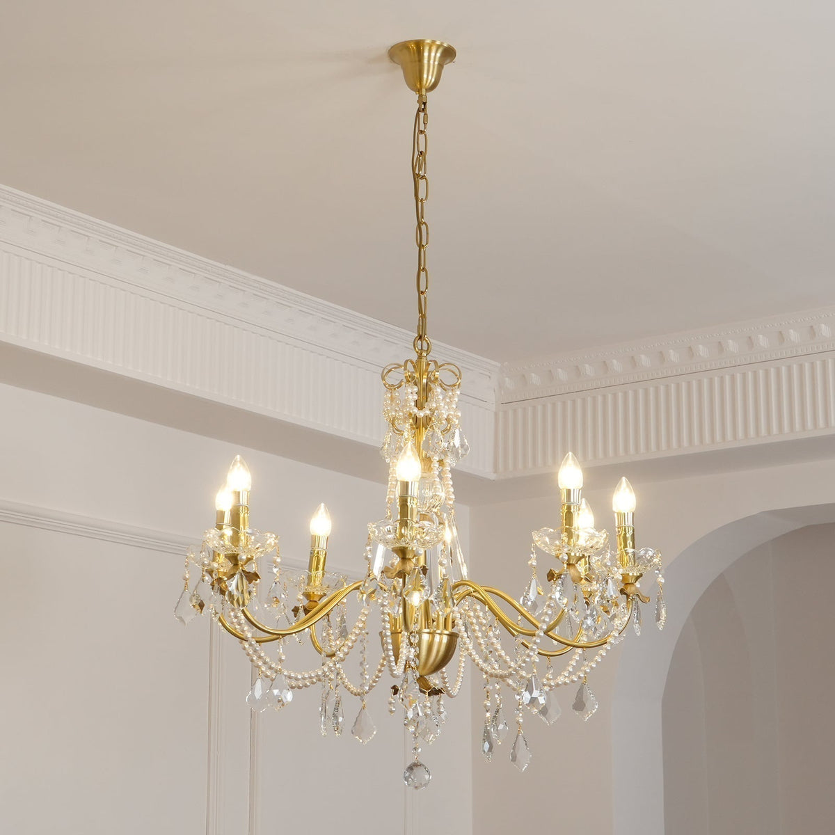 Lampadario Corpo in ottone Gocce di Cristallo Perla Eleganza vintage