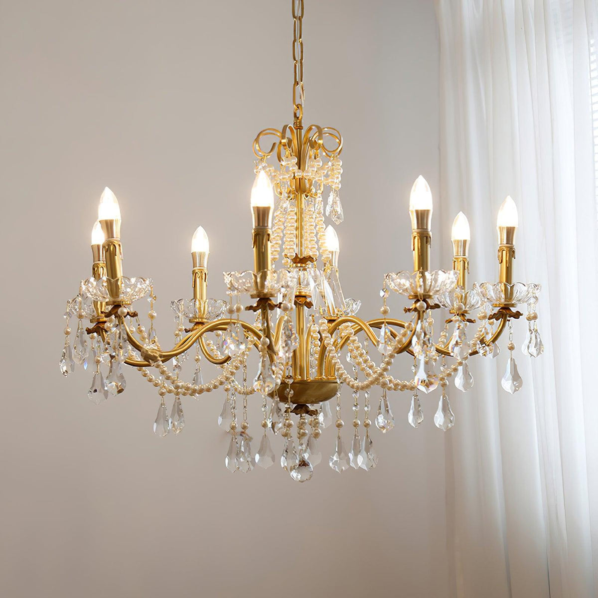 Lampadario Corpo in ottone Gocce di Cristallo Perla Eleganza vintage