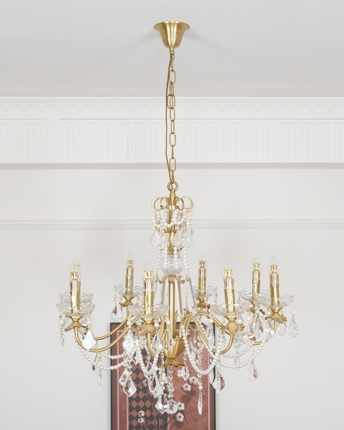 Lampadario Corpo in ottone Gocce di Cristallo Perla Eleganza vintage