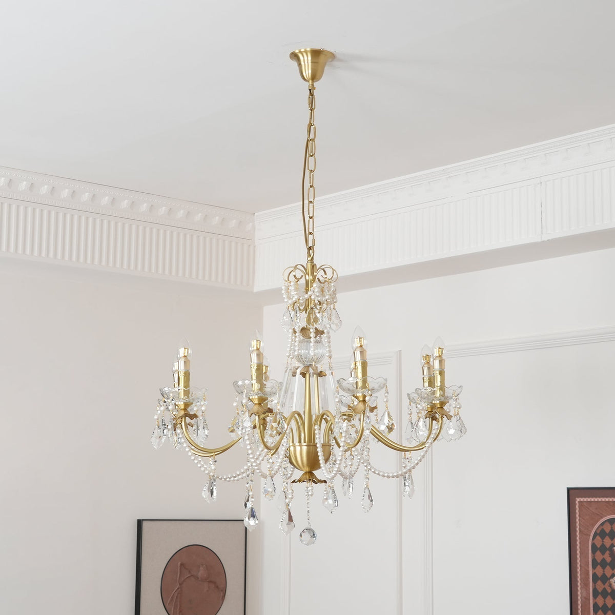 Lampadario Corpo in ottone Gocce di Cristallo Perla Eleganza vintage