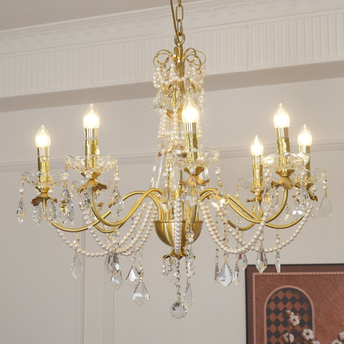 Lampadario Corpo in ottone Gocce di Cristallo Perla Eleganza vintage