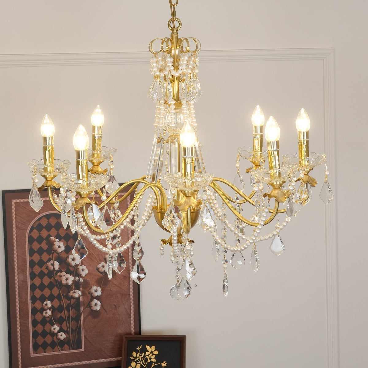 Lampadario Corpo in ottone Gocce di Cristallo Perla Eleganza vintage