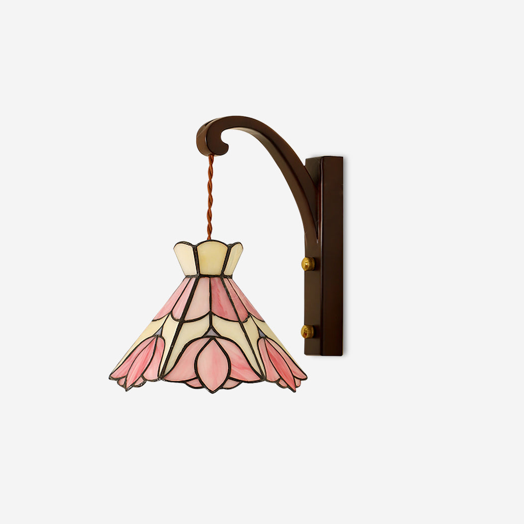 Lampada da parete corpo in legno paralume vetro Tiffany rosa floreale stile vintage Art Deco