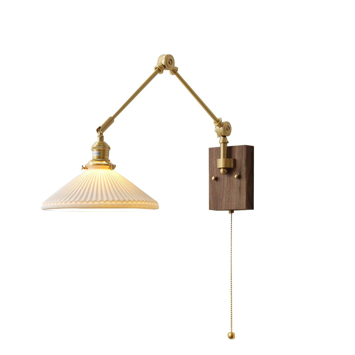 Lampada da parete a braccio regolabile con paralume plissettato, base in noce e stile vintage