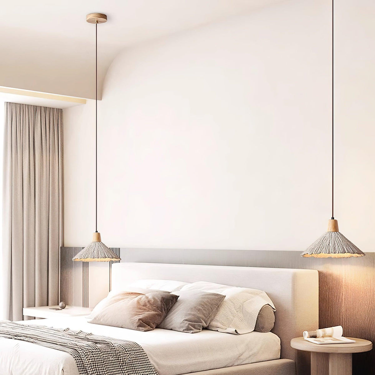 Lampada a sospensione legno in cima, paralume in cemento texturizzato grigio, stile Japandi naturale