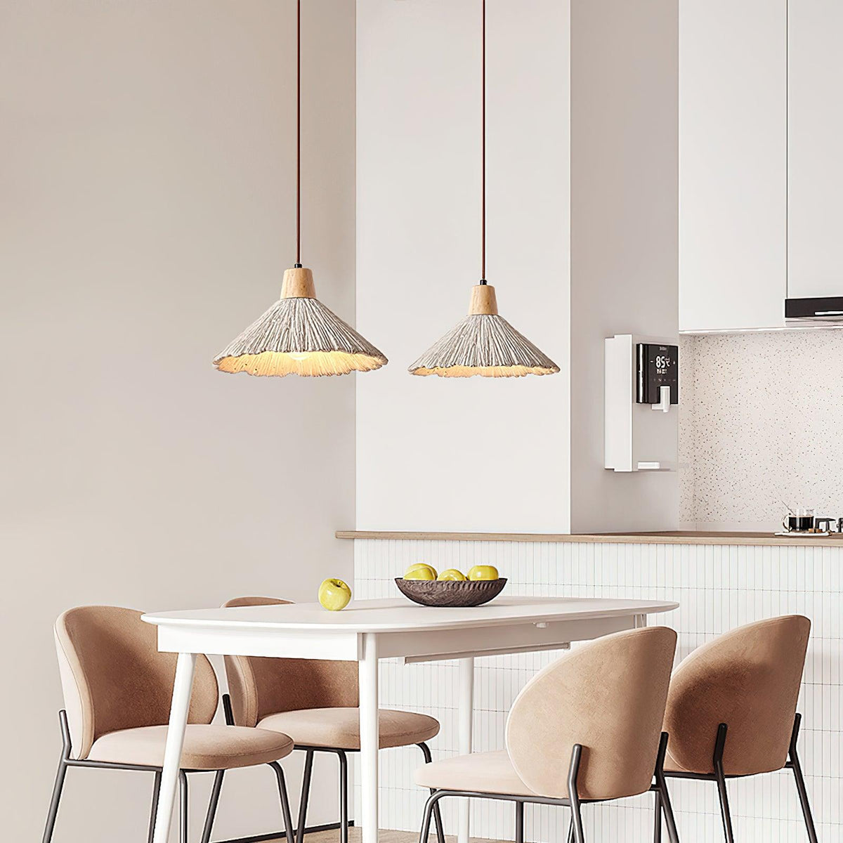 Lampada a sospensione legno in cima, paralume in cemento texturizzato grigio, stile Japandi naturale