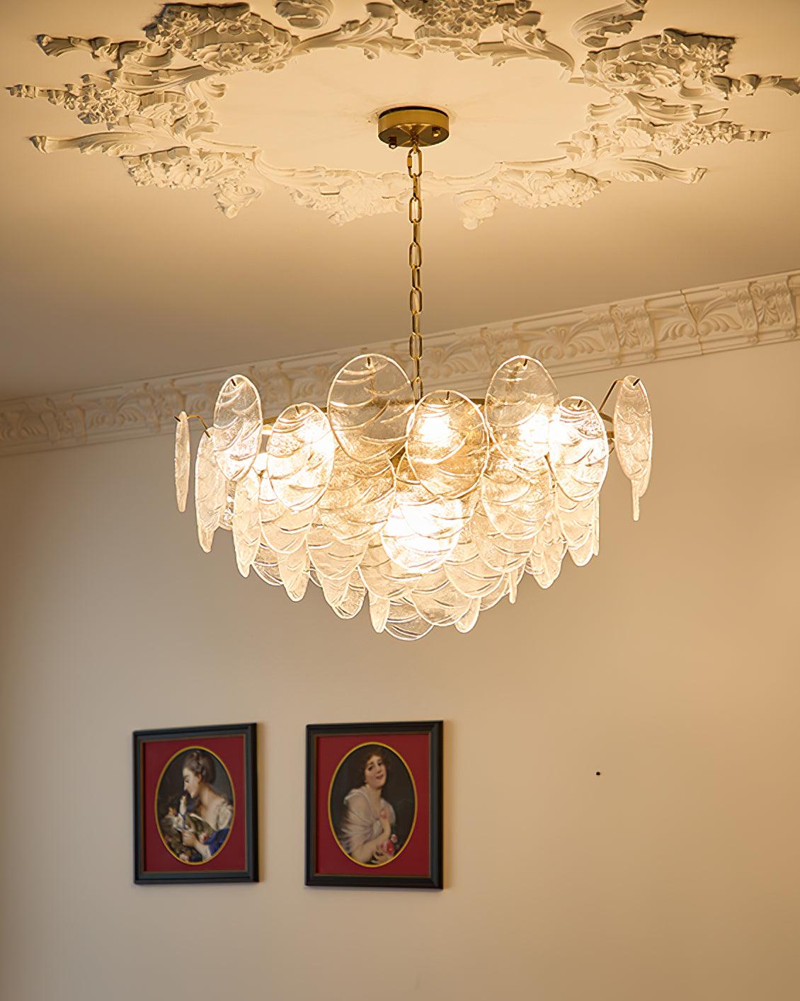 Lampadario in metallo con dischi di vetro e finitura oro, stile vittoriano