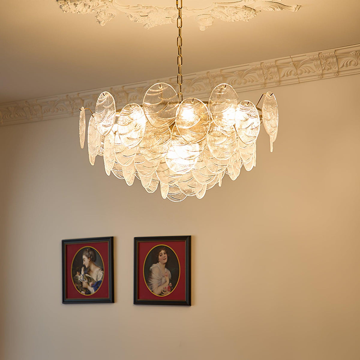 Lampadario in metallo con dischi di vetro e finitura oro, stile vittoriano
