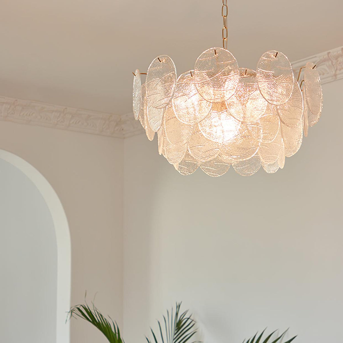 Lampadario in metallo con dischi di vetro e finitura oro, stile vittoriano