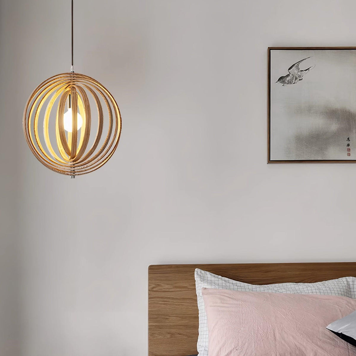 Lampada a sospensione legno Anelli sfera organica minimalista Ambiente