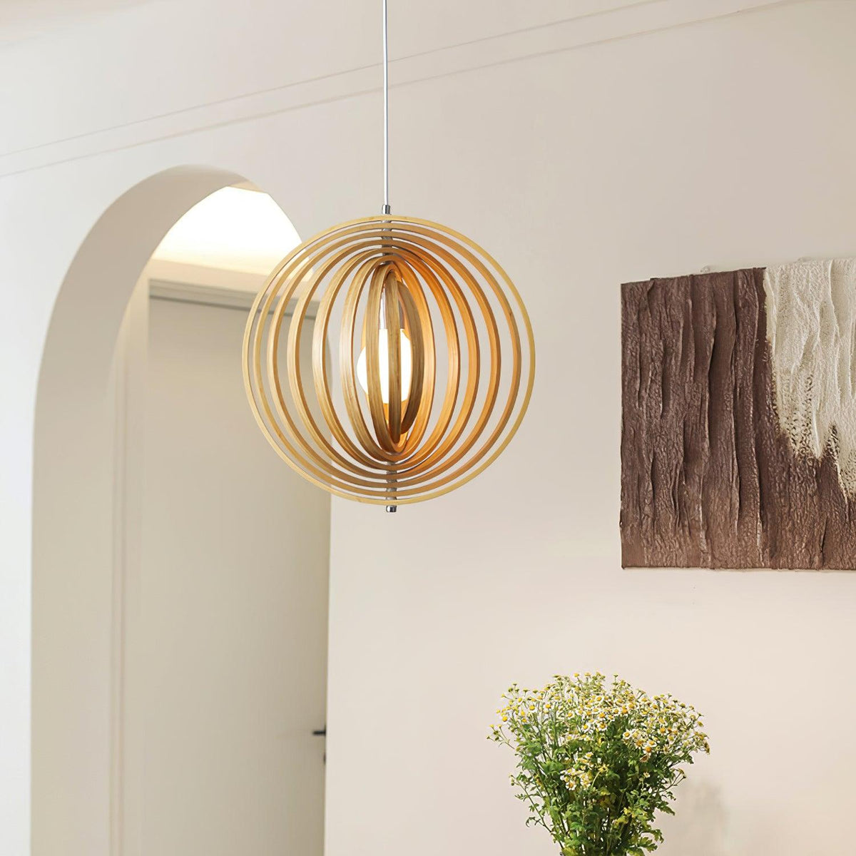 Lampada a sospensione legno Anelli sfera organica minimalista Ambiente