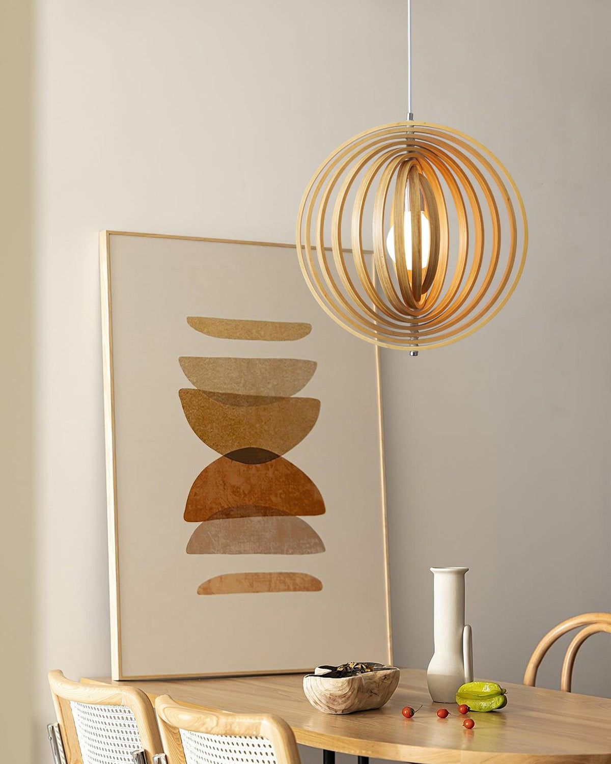 Lampada a sospensione legno Anelli sfera organica minimalista Ambiente